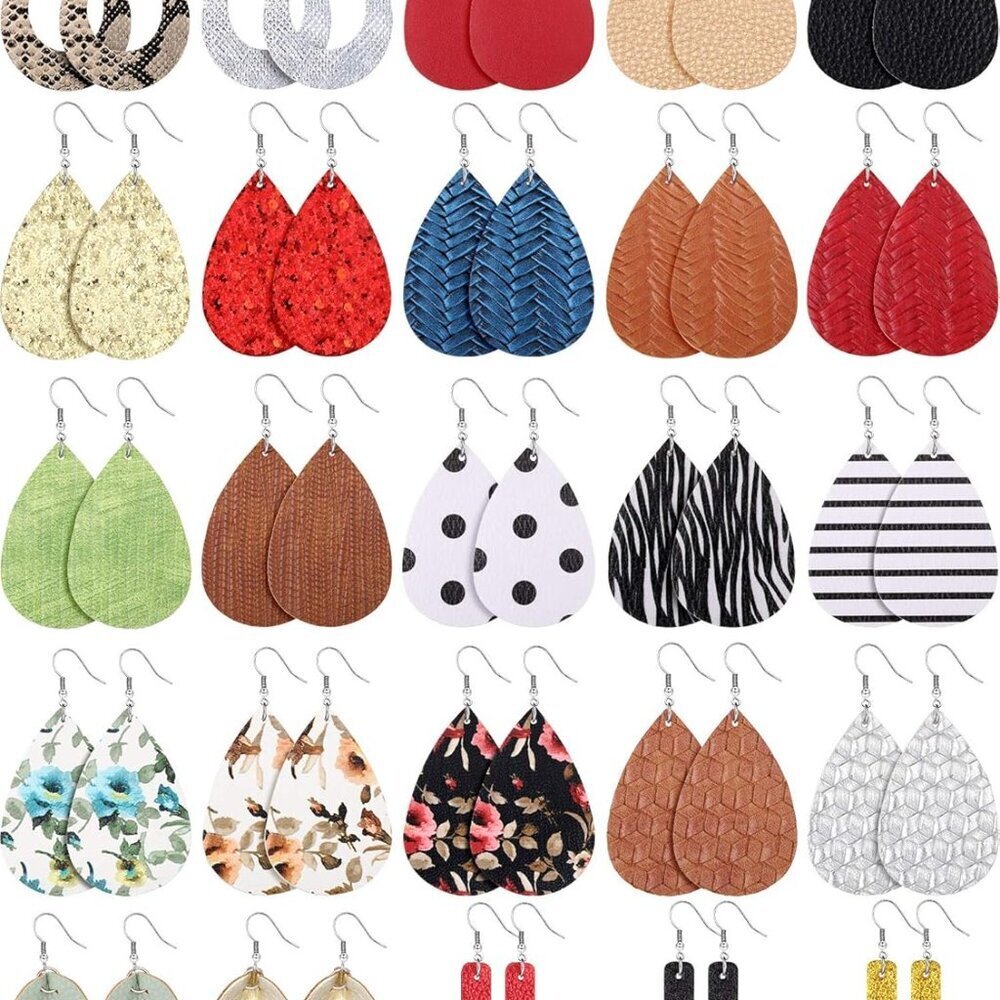 25 Pairs Faux Leather Earrings Teardrop Dangle Lightweight Leaf Earrings for Val